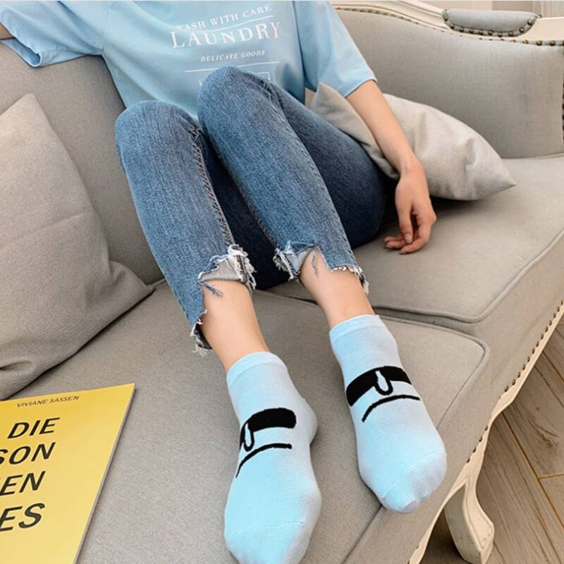 

1pair Cartoon Face Ankle Socks, Blue