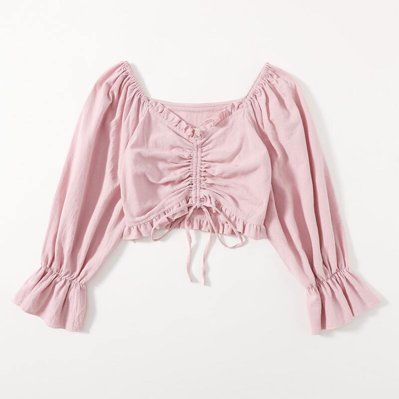 

Drawstring Milkmaid Crop Top, Baby pink