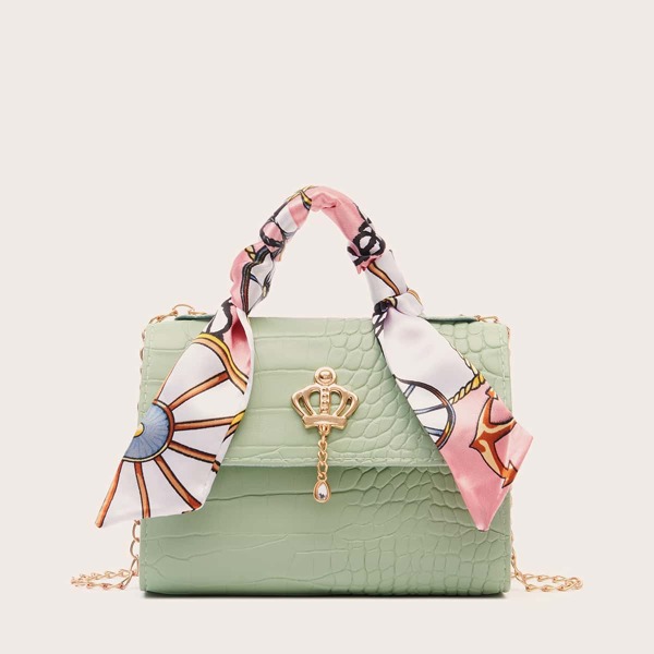 

Twilly Scarf Decor Flap Satchel Bag, Green