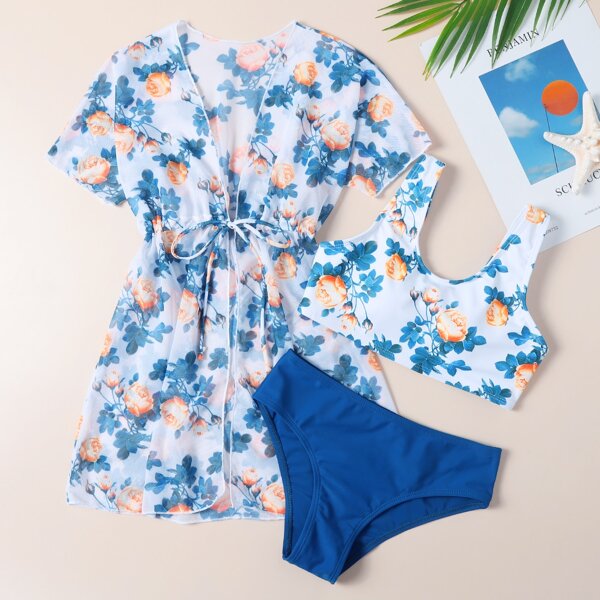 

3pack Girls Floral Bikini Swimsuit & Tie Waist Kimono, Multicolor