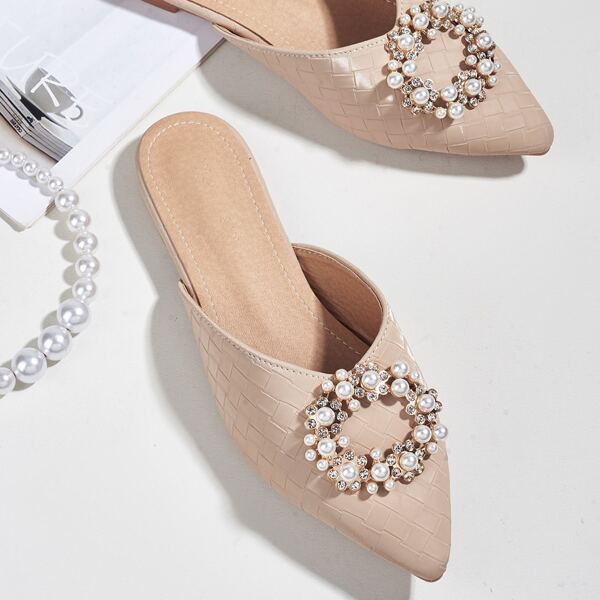 

Faux Pearl & Rhinestone Decor Flat Mules, Apricot