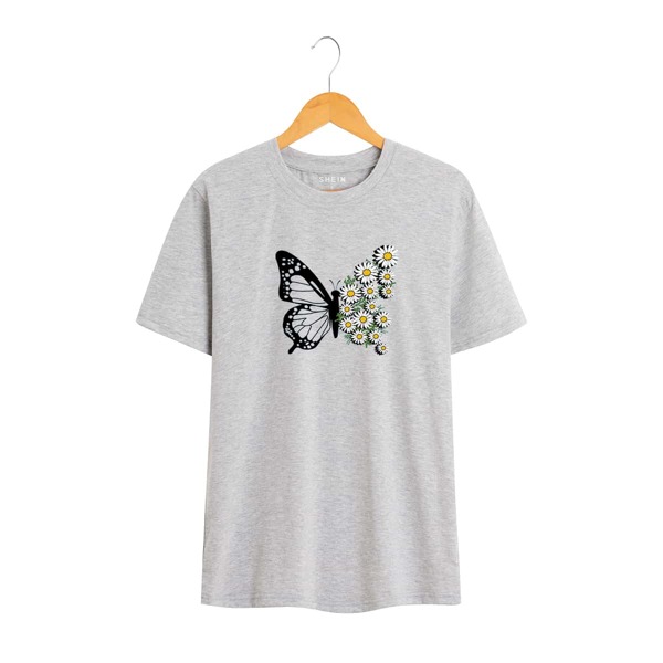 

Floral And Butterfly Print Tee, Light grey