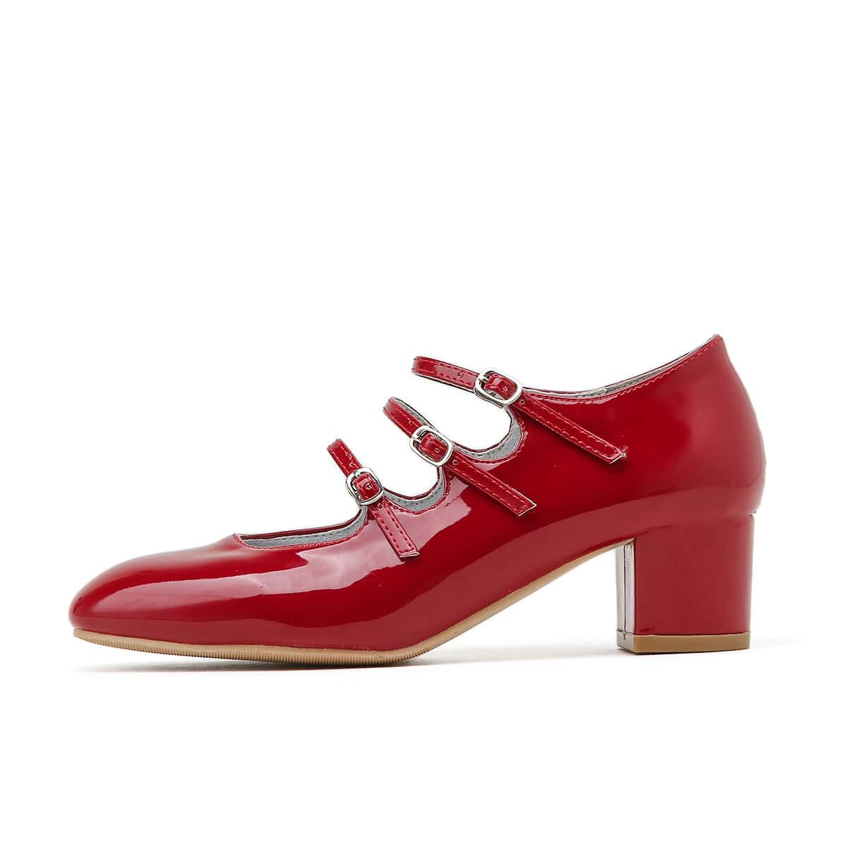 

Patent Buckle Strap Mary Jane Pumps, Red