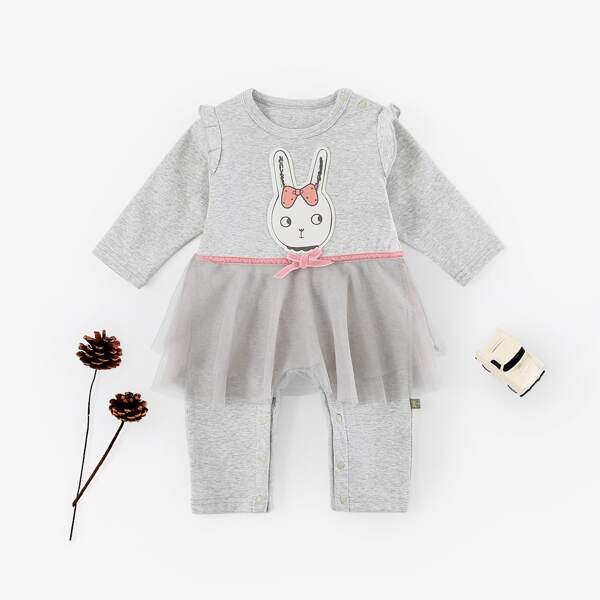 

Baby Girl Patched Detail Knot Front Mesh Ruffle Trim Jumpsuit, Light grey