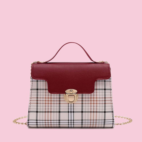 

Plaid Pattern Push Lock Satchel Bag, Multicolor