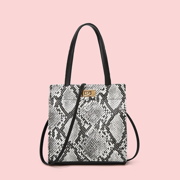 

Snakeskin Print Twist Lock Satchel Bag, Light grey
