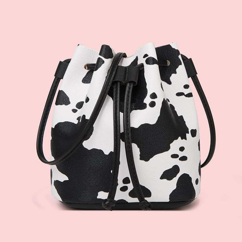 

Cow Pattern Bucket Bag, Black and white