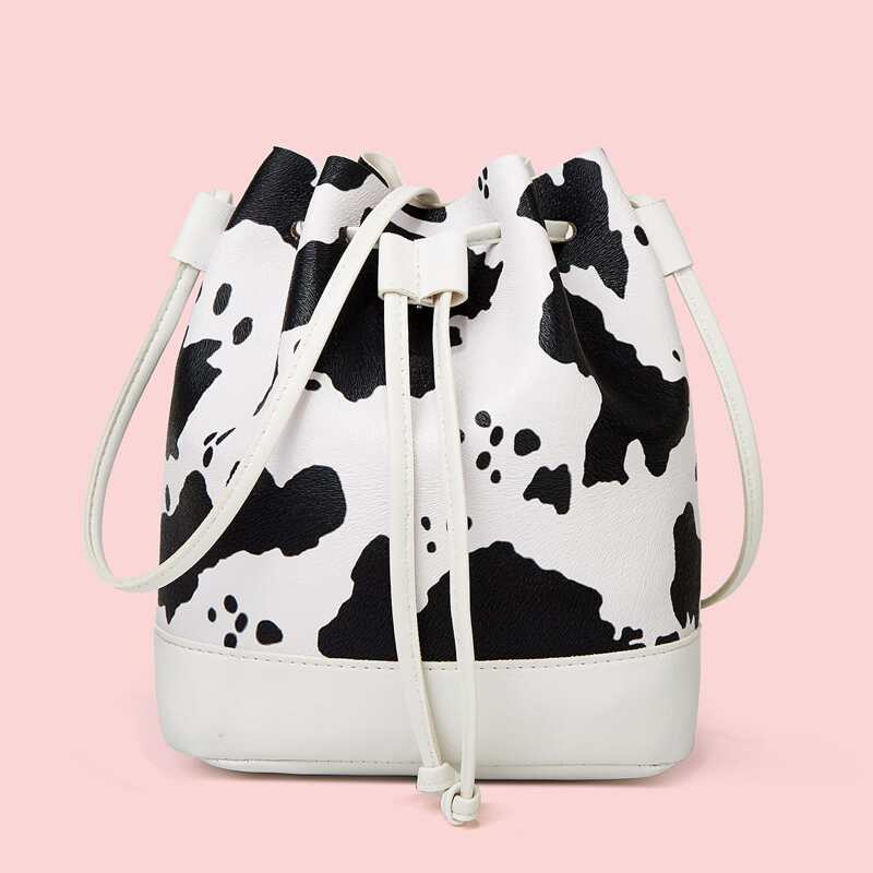 

Cow Pattern Bucket Bag, Black and white