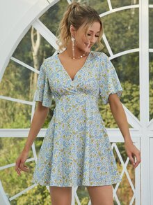 D&M v領蝴蝶袖小碎花連衣裙