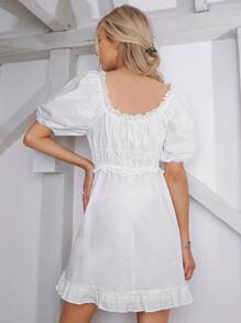 SHEIN Vestido de manga farol bajo fruncido - Blanco - Ver 2