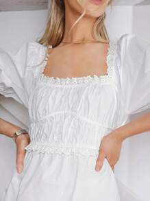 SHEIN Vestido de manga farol bajo fruncido - Blanco - Ver 3