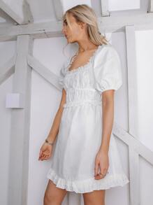 SHEIN Vestido de manga farol bajo fruncido - Blanco - Ver 4