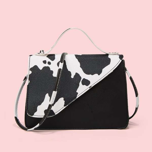 

Cow Pattern Flap Satchel Bag, Black and white