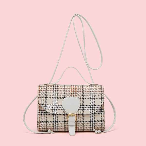 

Buckle Decor Plaid Pattern Satchel Bag, Apricot