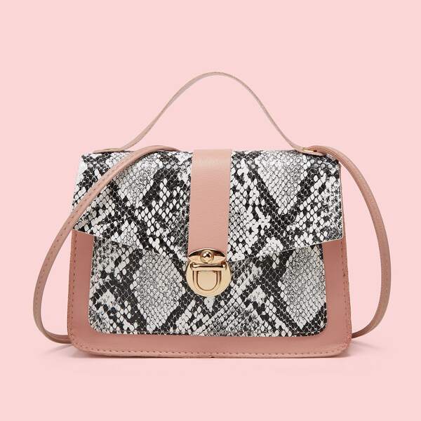 

Snakeskin Print Push Lock Satchel Bag, Grey