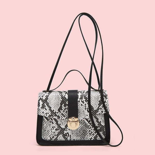 

Snakeskin Print Push Lock Satchel Bag, Grey