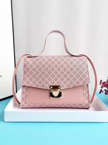 印花按壓扣手提包 - 淺粉色 - 查看 1