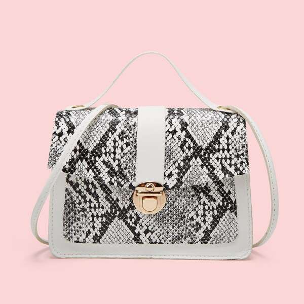 

Snakeskin Print Push Lock Satchel Bag, Grey