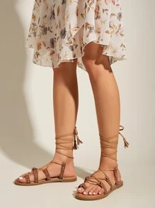 Tie Leg Tassel Decor Sandals - Camel - View 2