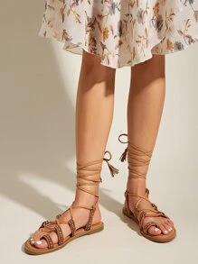 Tie Leg Tassel Decor Sandals - Camel - View 3