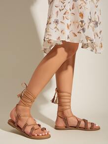 Tie Leg Tassel Decor Sandals - Camel - View 4