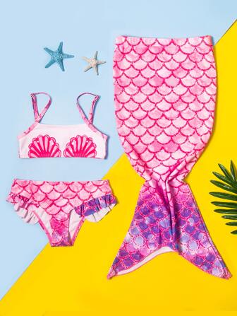 3 طقم بكيني كرتوني للفتاة الصغيرة وذيل حورية البحر للشاطئ الصيفي