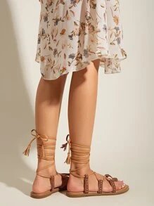 Tie Leg Tassel Decor Sandals - Camel - View 5