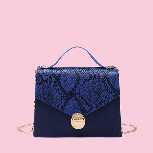 

Snakeskin Print Push Lock Satchel Bag, Navy blue