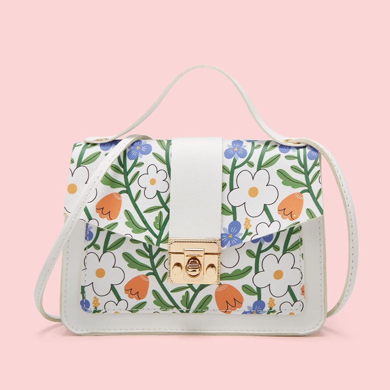 

Twist Lock Floral Graphic Flap Satchel Bag, Multicolor