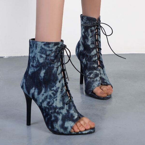 

Lace-up Front Stiletto Heeled Denim Boots, Blue