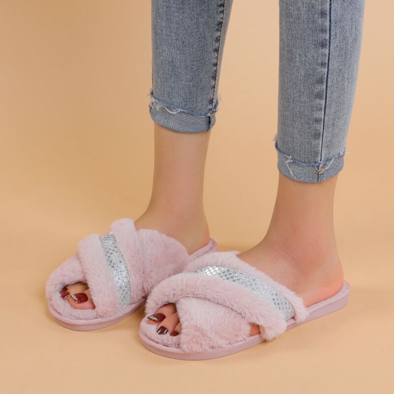 

Fluffy Cross Band Slippers, Baby pink