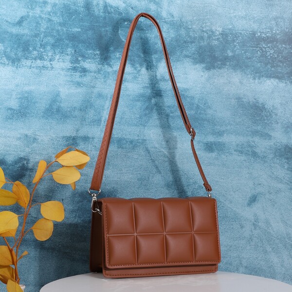 

Textured Flap Crossbody Bag, Brown