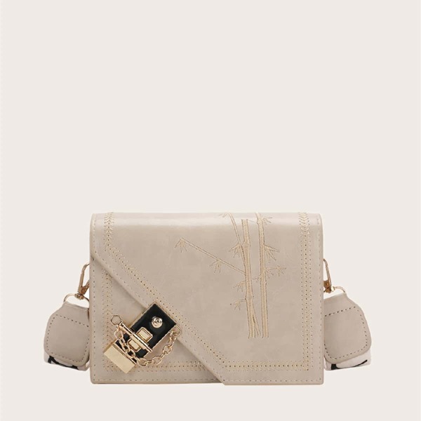 

Bamboo Embroidery Toggle Lock Crossbody Bag, Beige