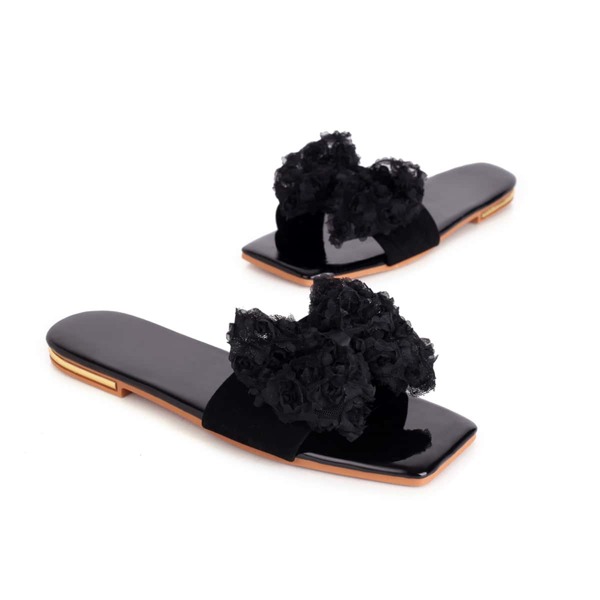 

Floral Bow Decor Slide Sandals, Black