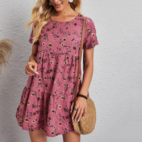 

Floral Print Ruffle Hem Smock Dress, Pink