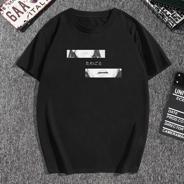 

Men Japanese Letter And Comic Print Tee, Black