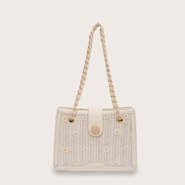

Ditsy Floral Pattern Straw Bag, Beige