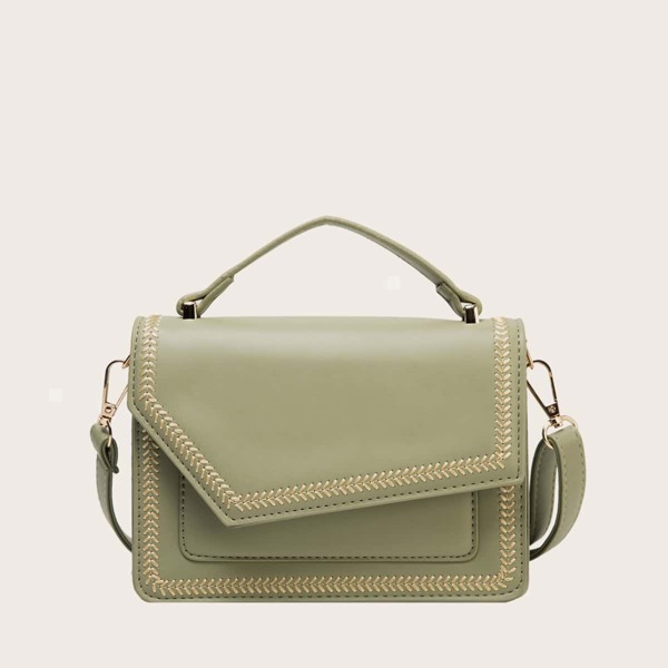 

Stitch Trim Asymmetrical Flap Satchel Bag, Olive green