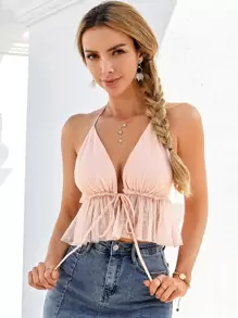 Double Crazy 繞頸後繫帶提花網紗荷葉邊下擺短版上衣 - 淺粉色 - 查看 1