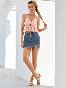 Double Crazy 繞頸後繫帶提花網紗荷葉邊下擺短版上衣 - 淺粉色 - 查看 3