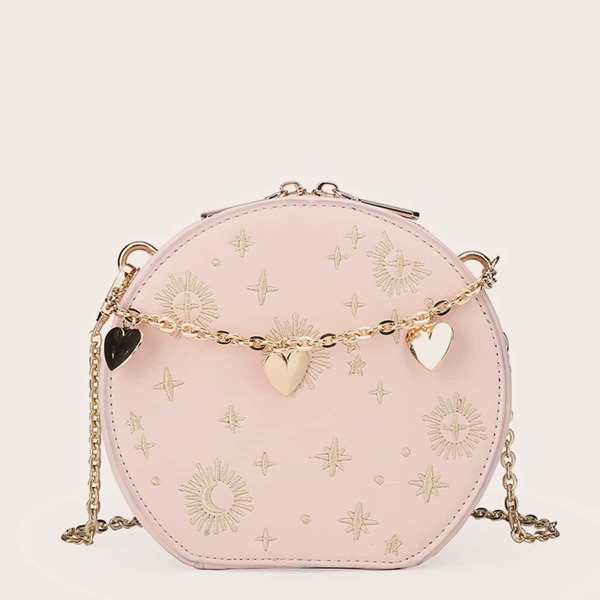 

Metal Heart Decor Star & Moon Embroidery Crossbody Bag, Pink
