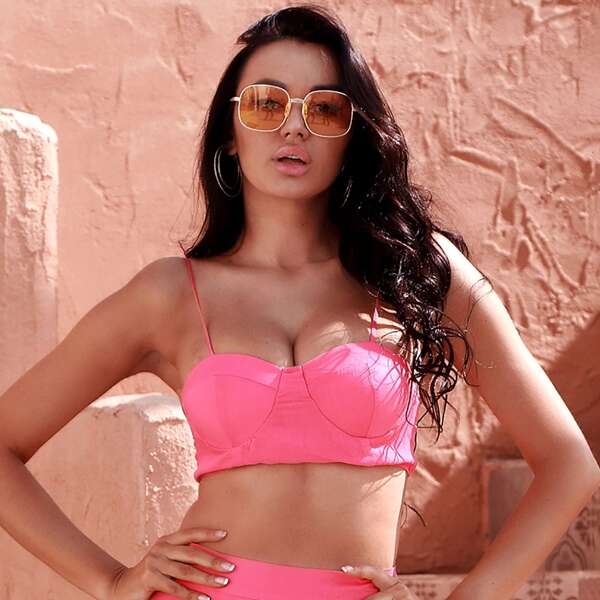 

Zip Back Solid Cami Crop Top, Hot pink bright