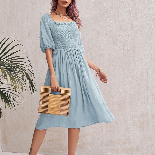 

Swiss Dot Frill Shirred A-line Dress, Baby blue