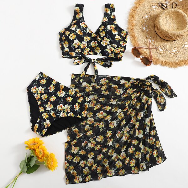 

3pack Plus Floral Wrap Bikini Swimsuit & Beach Skirt, Multicolor