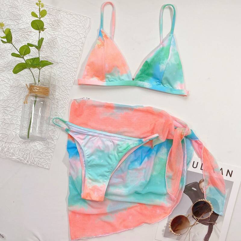 

3pack Tie Dye Bikini Swimsuit & Cover Up Skirt, Multicolor