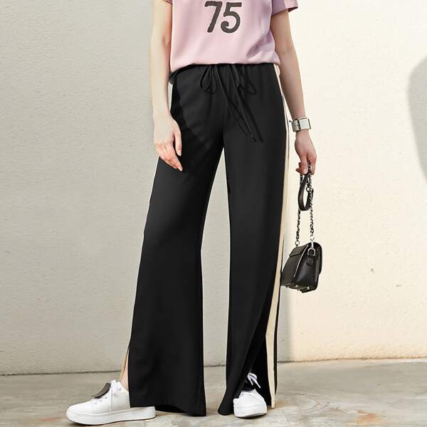 

Drawstring Waist Split Hem Pants, Black