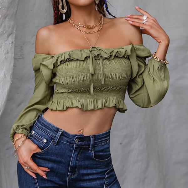 

Off Shoulder Ruffle Tie Front Shirred Crop Top, Olive green