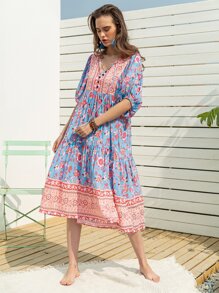 Rusttydustty Tie Neck Puff Sleeve Ruffle Hem Floral Dress - Multicolor - View 1