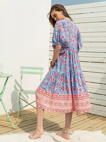 Rusttydustty Tie Neck Puff Sleeve Ruffle Hem Floral Dress - Multicolor - View 2