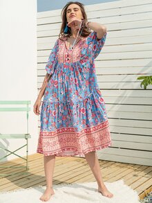 Rusttydustty Tie Neck Puff Sleeve Ruffle Hem Floral Dress - Multicolor - View 3